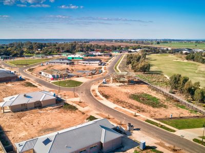 Yarrawonga, Victoria, Australia - 13 April 2023: Overview of part of a new housing stage at Silverwoods Estate Yarrawonga Victoria